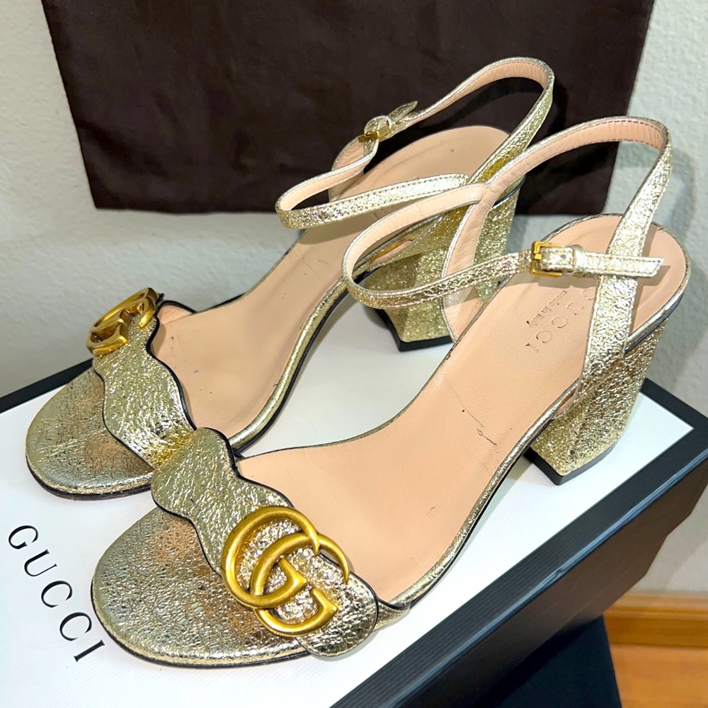GUCCI Sexy Metallic Laminate Leather Mid Heel Sandal Double US Size 6, with Box.